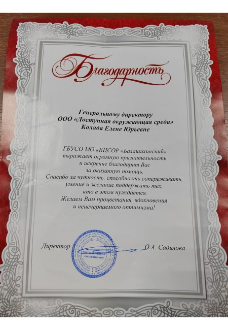 Благодарность  ГБУСО МО КЦСОР Балашихинский